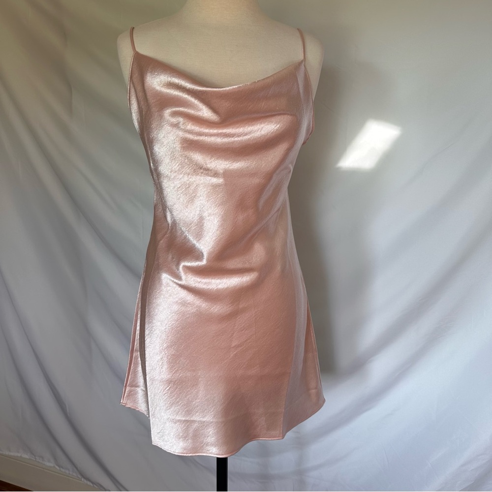 NWT Blush Pink Satin Cowl Neck Mini Slip Dress